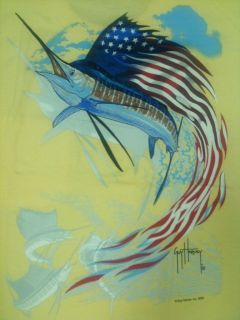 Harvey STAR SPANGLED YELLOW USA Flag Marlin Fish Pocket T Shirt Tee