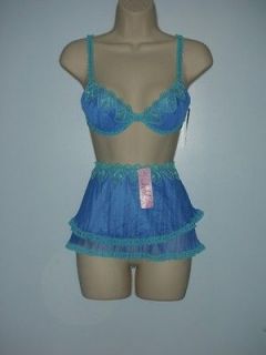 NWT Jezebel Bra and Skirt Set Blue with Aqua Trim 36B / Medium MSRP $