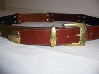 Brighton Leather Belt 30 M navy & brown 2 color 1991 gold tone buckle