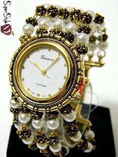 Pearl Beaded White Fashion Geneva Cocktail Design Mesh Bracelet Watch