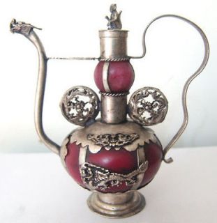 Newly listed Tibet silver carving dragon monkey inlay red jade teapot