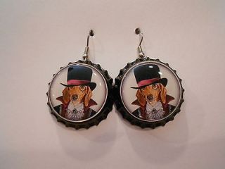DACHSHUND WEINER DOG IN A HAT AND SUIT BOTTLE CAP EARRINGS! SUPER CUTE