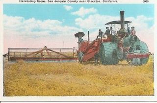 Old postcard, San Joaquin County, harvester, farm workers,machin ery