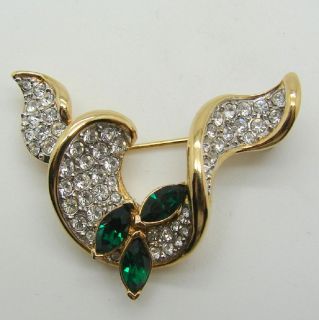 and Sawyer Collection Green & Clear Rhinestone Ribbon Bow Pin Brooch