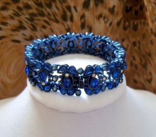 Vintage Elegant St. John Wide Metallic Blue Enamel Crystal Studded