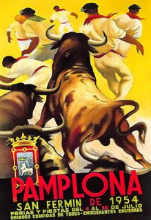Travel Art Poster Pamplona Bull Fighting 1954 Print