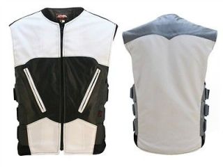 USA WHITE LEATHER AND CORDURA BULLET PROOF STYLE MOTORCYCLE BIKER VEST