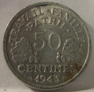 FRANCE 50 Centimes 1943 K&K Coin #H0299 World War II Vichy French