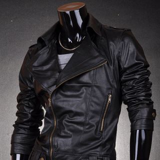 3mu Mens Designer PU Faux Leather Jackets Coats Shirt Motocycle Black