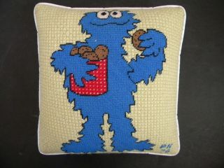 Vtg Cookie Monster Needlepoint Throw Pillow Sesame Street