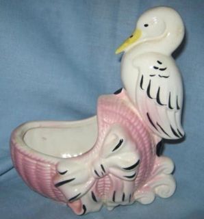 Vintage Pink Stork Planter Wicker Baby Basket Very Cute Hull
