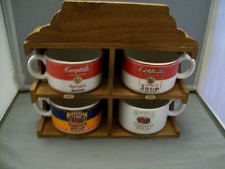 Campbells Soup Mugs Label Display  4 Cups in Wooden Rack