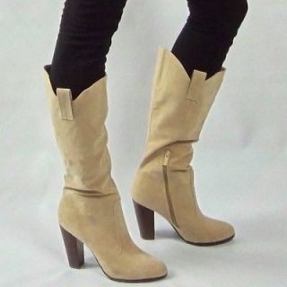 HCB Ivory Light Tan High Heel Heeled Knee Tall Boots Sexy Wide Calf