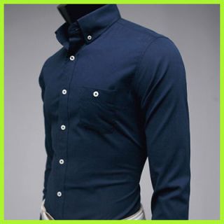 New Mens casual Dress style Slim fit Washing cotton 100% Navy shirts L