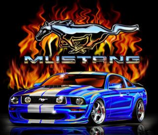 Ford Mustang Pony and Fire BLACK Adult T shirt