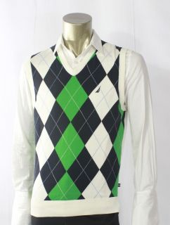 NAUTICA NEW Men White Silk Argyle Knit Sweater Vest Size X Large