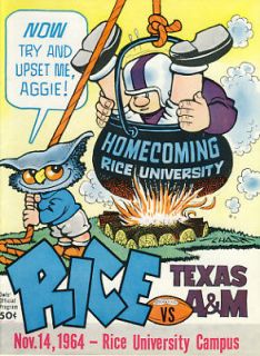 1964 Rice Owls v Texas A&M Aggies Program Chase Cover