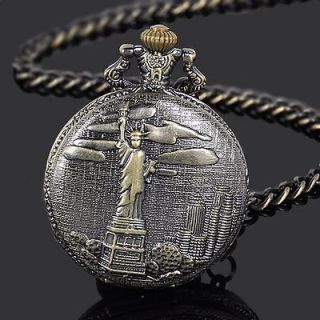 USA Statue of Liberty Carven embossed Chain Mens Pocketwatch vintage