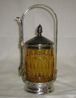 1866 98 AMBER GLASS AMERICAN SILVERPLATE SIMPSON HALL PICKLE CASTOR