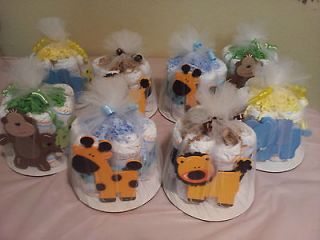 mini diaper cake, monkey, giraffe & lion baby shower centerpiece
