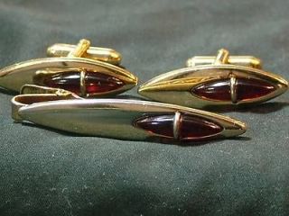 Vintage Anson Ruby And Gold Tone Cuff Link Tie Bar Set