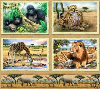 Panel Cotton Quilting Fabric   Gorillas Lions Giraffes Cheetahs