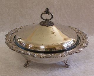 Silver Company Footed Covered Serving Dish w/ Glass Casserole Insert
