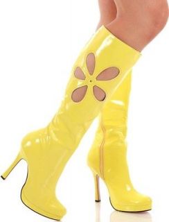Sexy Yellow Retro 70s Flower Knee High 4.5 Heel Go Go Boots