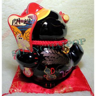 Chinese Fortune Fan Black Lucky Cat Maneki Neko Ceramic Money Box
