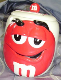 RED M&M COOKIE JAR CANDY JAR KITCHEN CANISTER WITH LID HAS RED & RED M