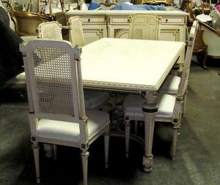 French Country Louis XVI Dining Table, Six Chairs and Two Buffets