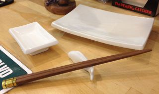 Shushi Plate Suace Dish Chopsticks and Rest Set   White Porcelain