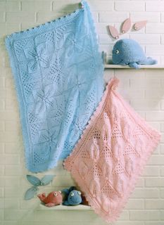 Chunky Eyelet Bobble & Leaf Pattern Squares Baby Blanket   Scallop