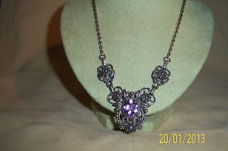 Vintage Gun Metal Gray Rose Ornate Necklace w/ Purple Glass Cab