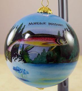 Painted MONTAUK SALMON TROUT Glass Christmas Ornament in Storage Box