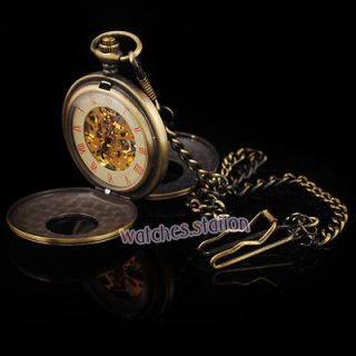 Bronze Double Cover Mechanical Pocket Watch Stand on Table Clock