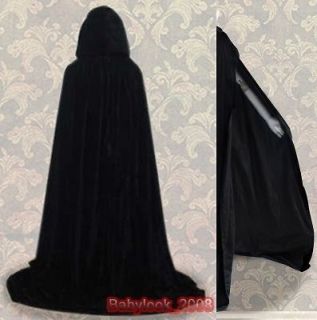 Black Hooded Cloak velvet Cape Coat Shawl Halloween Wedding Costume