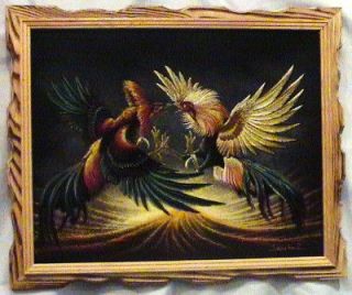 Hand Painted Oil Painting Fighting Cock Roosters 18 X 22 Rustic Wooden