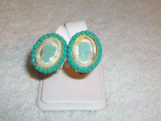 Turquoise Beads Oval Cameo Portrait Clip On Earrings Goldtone