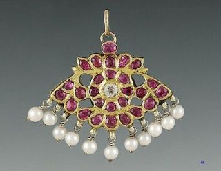 STUNNING 19th CENTURY INDIAN 14K GOLD RUBY & PEARL PENDANT