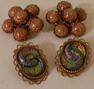 Lot 2 Pairs Vintage Clip On Copper Earrings Spark​l;ing Goldstones