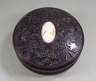 Vintage Avon Victorian Cameo Plastic Powder Box Red Footed Base Old