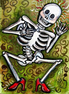 Lisa Luree Original Art NEW RED SHOES skeleton Day of the Dead ACEO