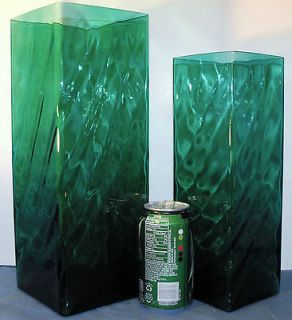 Two LARGE Matching Blue Green Glass Rectangle Vases. Nice 11.75 and
