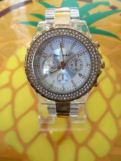 WOMENS WATCH CLEAR ACRYLIC WITH ROSE GOLD SURRONDED CRYSTAL BEZEL