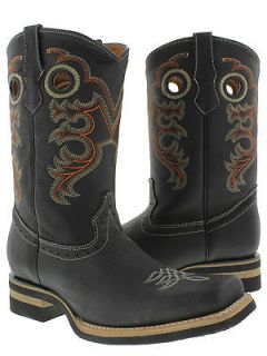 Mens square toe black cowboy boots leather work utility rodeo biker