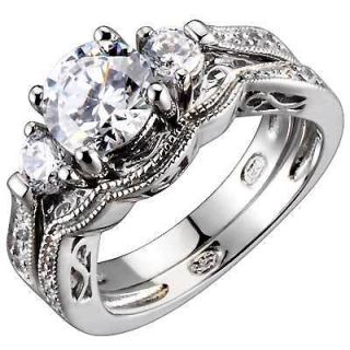 Sterling Silver Round Cubic Zirconia 3 Stone Vintage Style Wedding