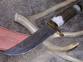 DAMASCUS STAG FNH FOX N HOUND BOWIE HUNTING KNIFE W/ SHEATH CASE NR!!!