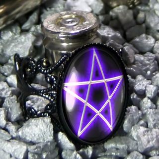 Purple Pentagram Gothic New Age Occult Pentacle Black Filigree Ring