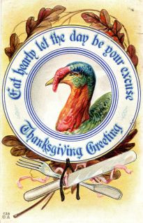 Thanksgiving Greetings Turkey Inside Plate Knife Fork Wishbone Vintage